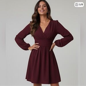 Lantern Sleeve Ruched Waist Dress Red